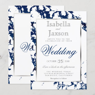 Invitación de Mármol Azul Marinho, Plata y Blanco