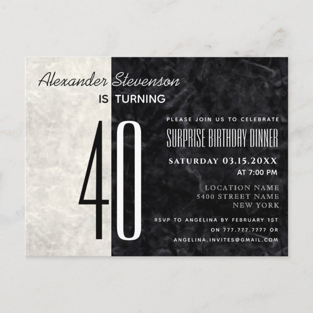 Invitación de mármol negro y blanco para cumpleaño (Anverso)