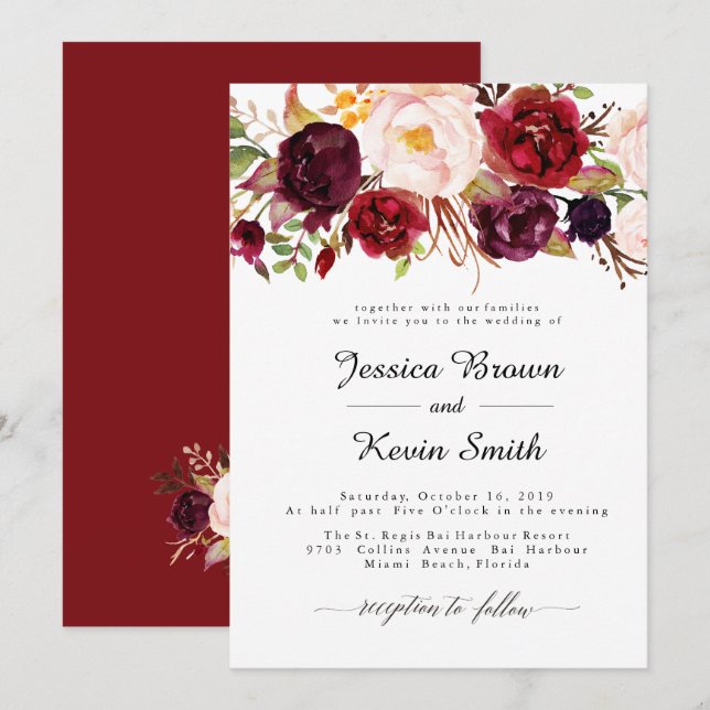 Invitación de Marsala Burgundy Floral Wedtation-2 (Anverso / Reverso)