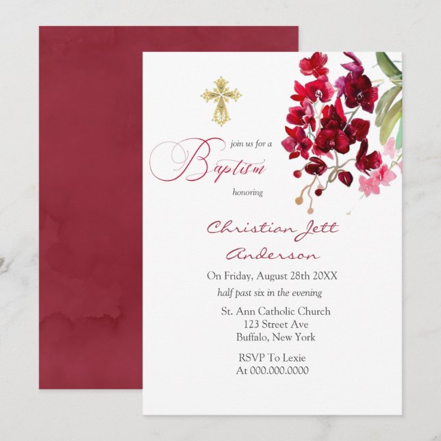 Invitación de Marsala con cruz de oro floral rosa (Anverso / Reverso)