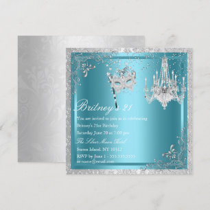 Invitación de Máscara Azul y Plateado Elegante par