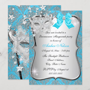 Invitación de Máscara de Damasco Azul Quinceañera 