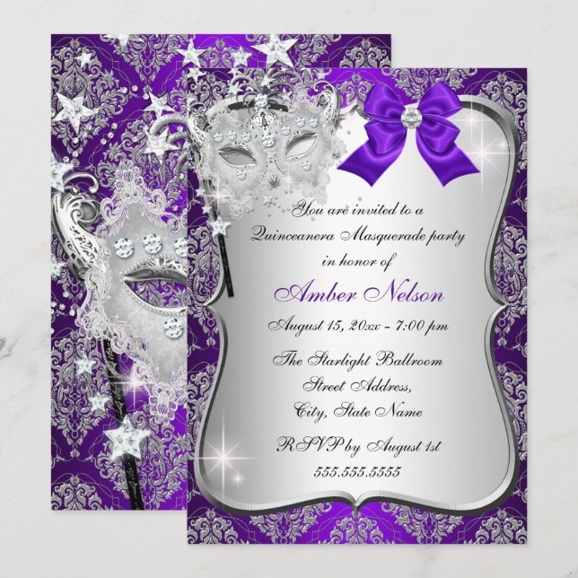Invitación de Máscara de Damasco Púrpura para Quin (Anverso / Reverso)