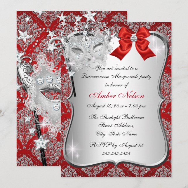 Invitación de máscara de damasco rojo para Quincea (Anverso / Reverso)