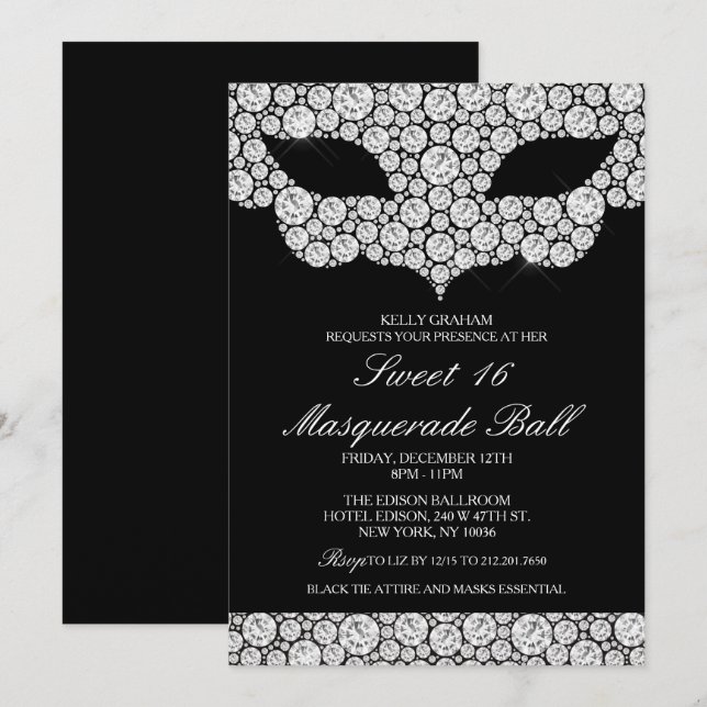 Invitación de Máscara de Diamante de Cumpleaños Sw (Anverso / Reverso)