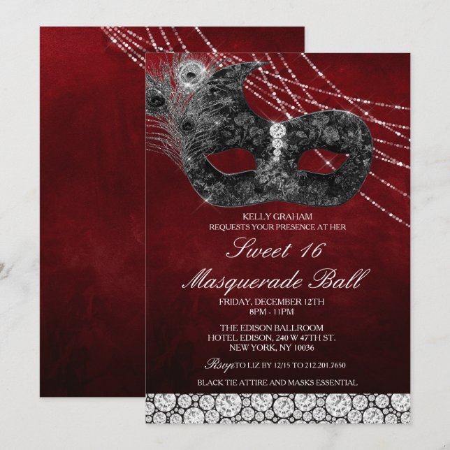 Invitación de Máscara de Diamante de Cumpleaños Sw (Anverso / Reverso)