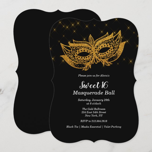 Invitación de Máscara de Oro para Cumpleaños Dulce (Anverso / Reverso)