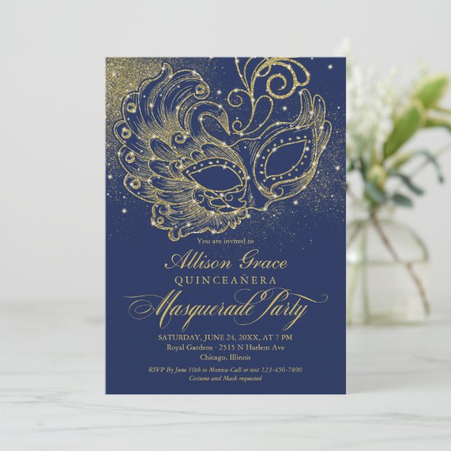 Invitación de Máscara de Quinceañera Azul Marino D (Anverso de pie)