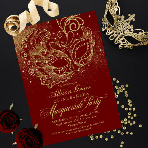 Invitación de máscara de quinceañera de oro de Bor