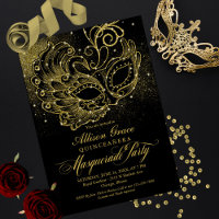 Invitación de máscara de quinceañera de oro negro