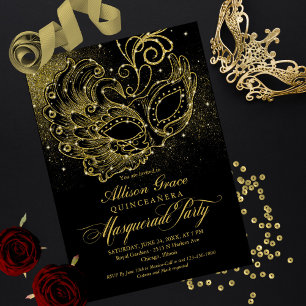 Invitación de Máscara de Quinceañera de Oro Negro