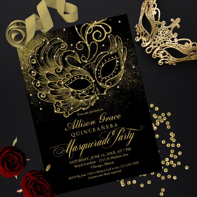 Invitación de Máscara de Quinceañera de Oro Negro (Subido por el creador)