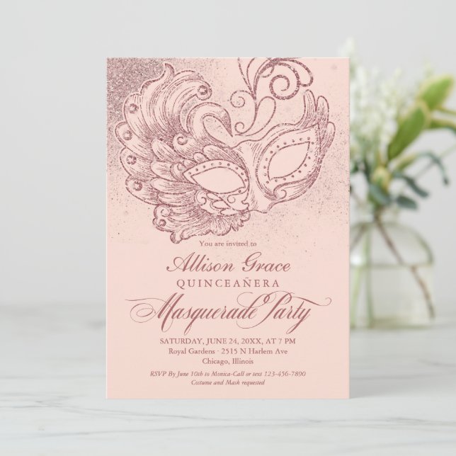 Invitación de Máscara de Quinceañera Rosa Dorado (Anverso de pie)