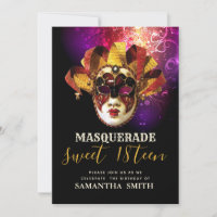 Invitación de Mascarada Negra Morada Dorada de Luj