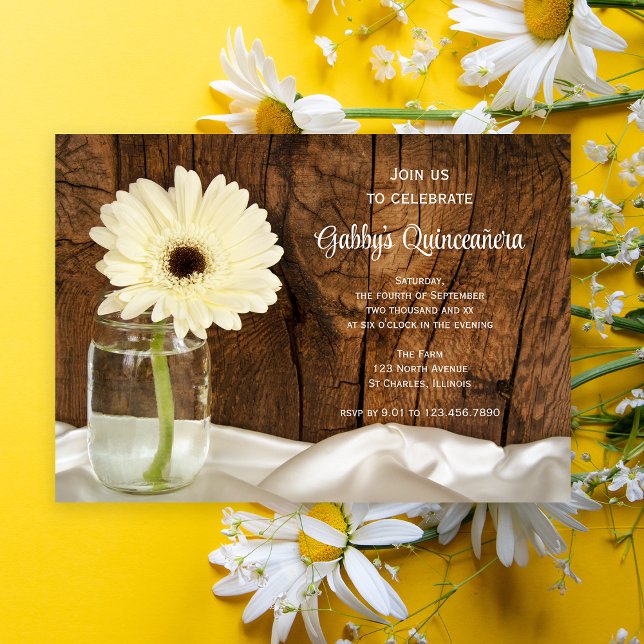 Invitación de Mason Jar y White Daisy Quinceañera (Subido por el creador)