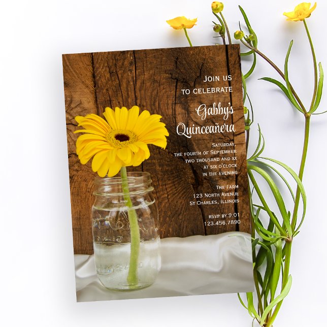 Invitación de Mason Jar y Yellow Daisy Quinceañera (Subido por el creador)