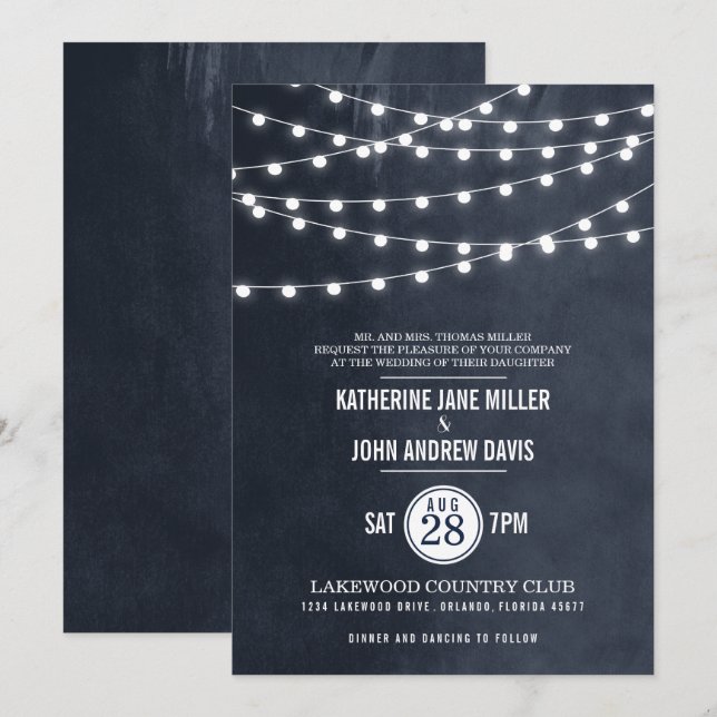 Invitación de matrimonio a las luces de cadena azu (Anverso / Reverso)