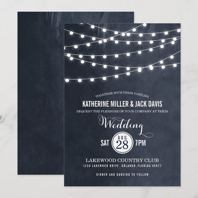 Invitación de matrimonio a las luces de cadena azu (Anverso / Reverso)