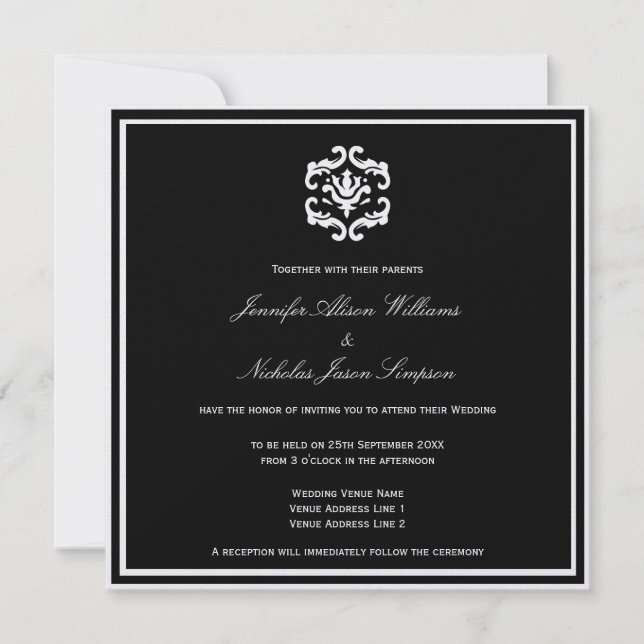 Invitación de matrimonio blanco y negro sobre meta (Anverso)