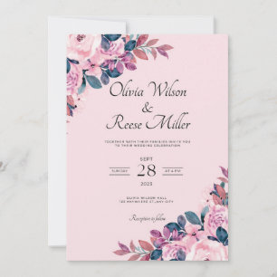 Invitación de matrimonio clásico morado y rosado