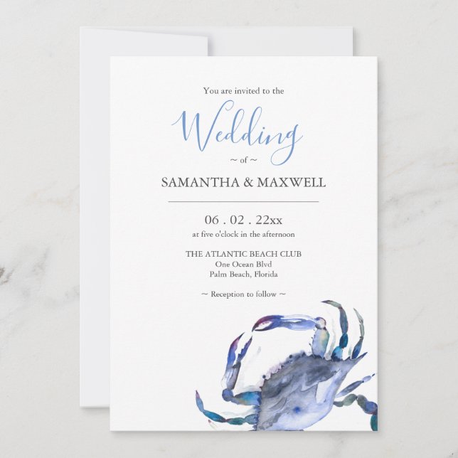 Invitación de matrimonio con cangrejo acuarela de  (Anverso)