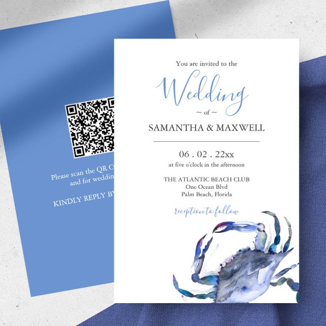 Invitación de matrimonio con cangrejo acuarela de  (Beach Wedding invitations with QR code features a watercolor blue crab by Victoria Grigaliunas )