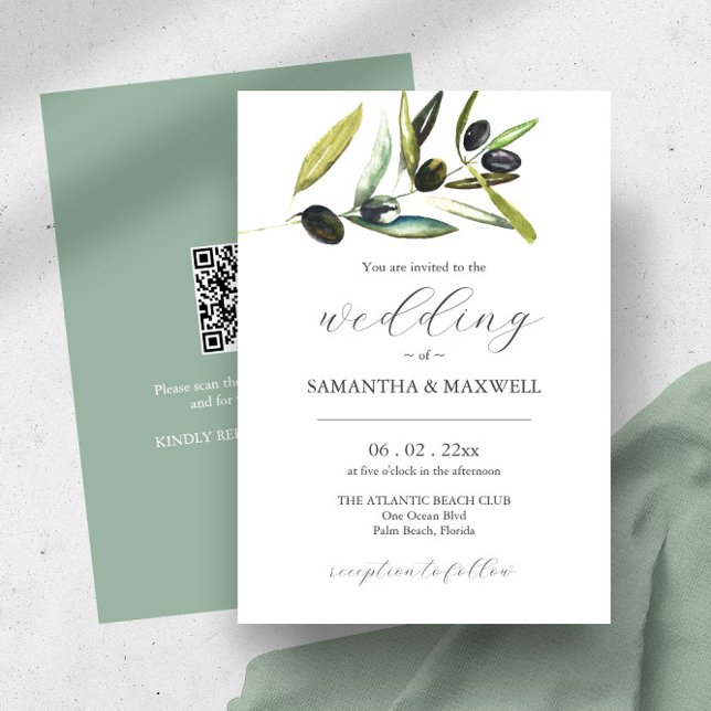 Invitación de matrimonio con código QR Olivo botán (Wedding invitations watercolor olive branch and QR code art by Victoria Grigaliunas Do Tell A Belle)