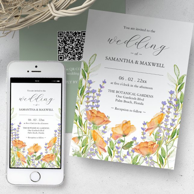 Invitación de matrimonio con floral única de códig (Orange floral fairytale wedding invitations with QR code. Unique watercolor art Victoria Grigaliunas)