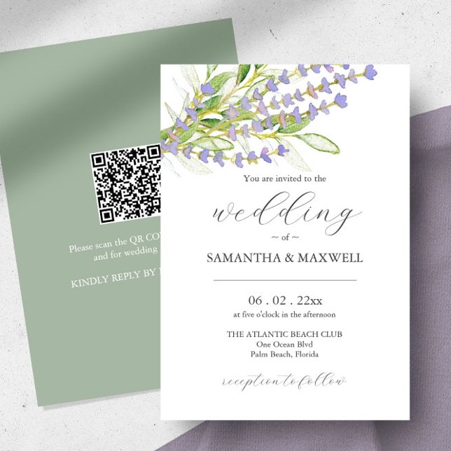 Invitación de matrimonio con lavanda botánica de c (Wedding invitation QR code watercolor lavender art by Victoria Grigaliunas of Do Tell A Belle)
