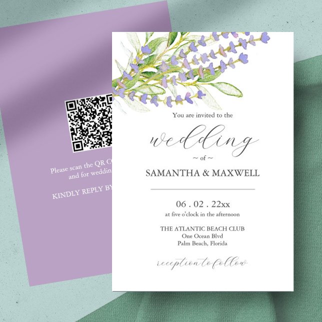 Invitación de matrimonio con lavanda botánica de c (Eco friendly wedding invitation QR code features watercolor lavender art by Victoria Grigaliunas)