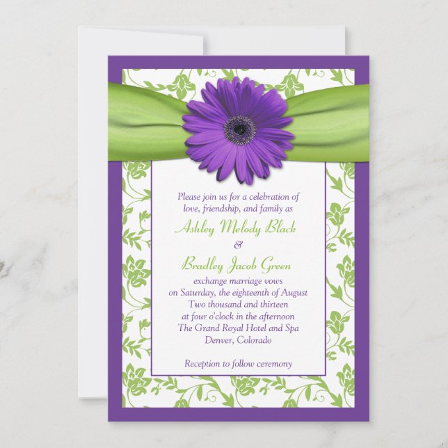 Invitación de matrimonio Daisy Damask Verde Morado (Anverso)