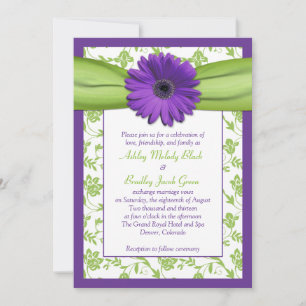 Invitación de matrimonio Daisy Damask Verde Morado