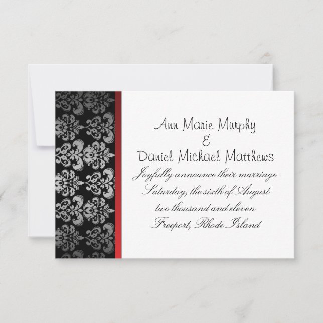 Invitación de matrimonio Damasco rojo y negro (Anverso)