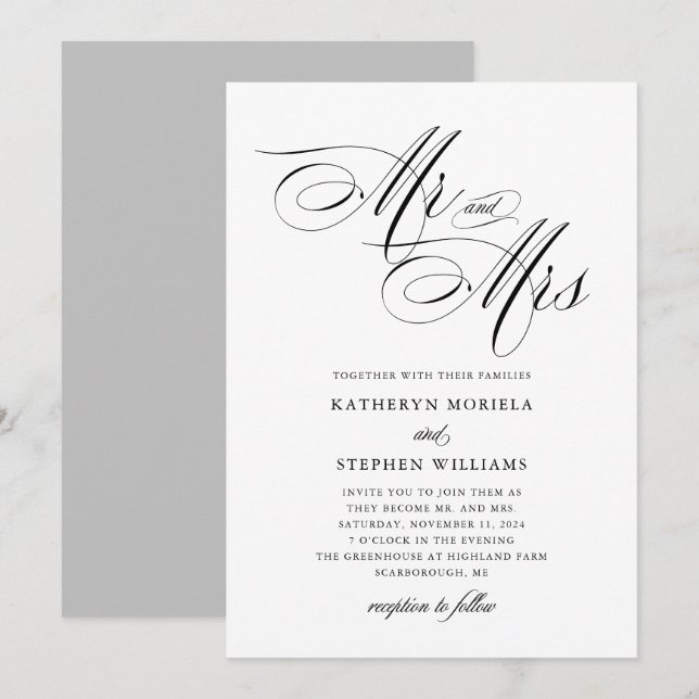Invitación de matrimonio de caligrafía clásica Mr  (Anverso / Reverso)