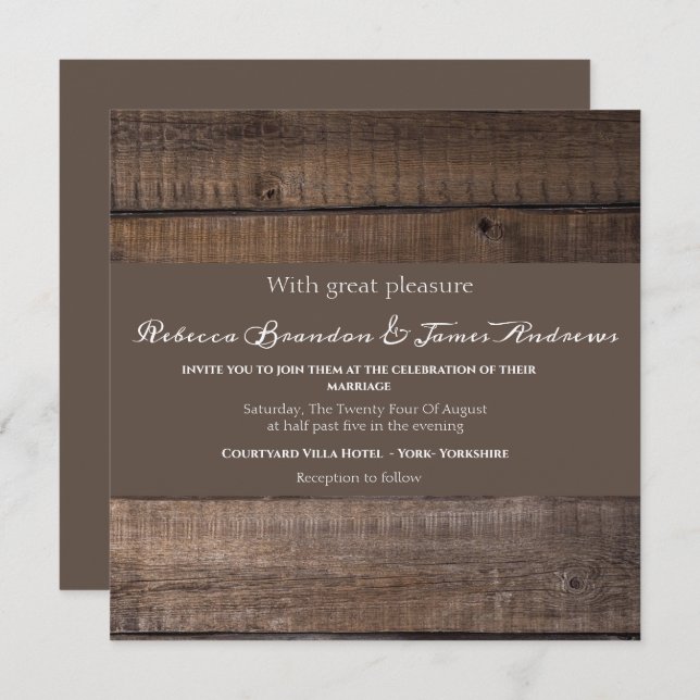 Invitación de matrimonio de caligrafía de madera r (Anverso / Reverso)