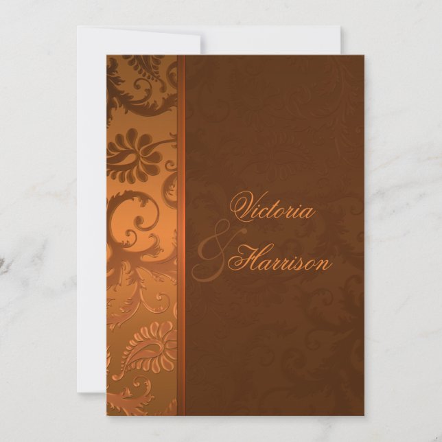 Invitación de matrimonio de cobre y damasco marrón (Anverso)