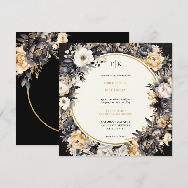 Invitación de matrimonio de código QR floral negro (Anverso / Reverso)