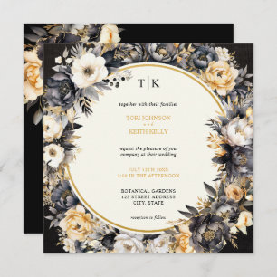 Invitación de matrimonio de código QR floral negro