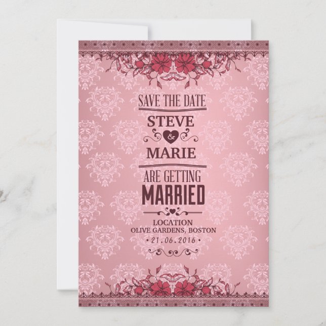 Invitación de matrimonio de damasco floral vintage (Anverso)