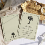 Invitación de matrimonio de destino simple de palm<br><div class="desc">Invitación a la boda de palmeras antiguas. Elegante y de diseño sencillo, con dos palmeras, mucho espacio para respirar y un marco delicado. La invitación está escrita con tipografía de arte deco y escritura manuscrita con un clásico monograma boda en la espalda con las iniciales de la novia y el...</div>