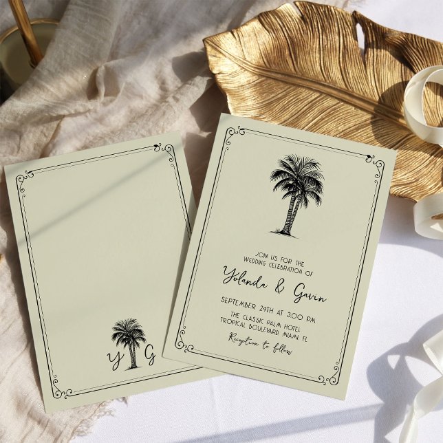 Invitación de matrimonio de destino simple de palm (Vintage Palm Tree Wedding Invitation - from my Vintage Palm Wedding Collection)