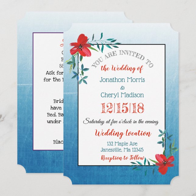 Invitación de matrimonio de doble cara azul y rojo (Anverso / Reverso)