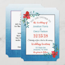 Invitación de matrimonio de doble cara azul y rojo
