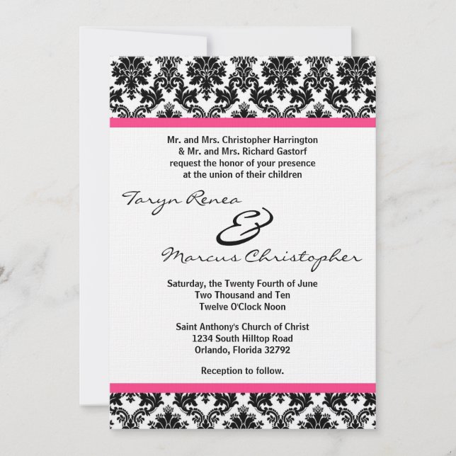 Invitación de matrimonio de lino rosado y damasco  (Anverso)