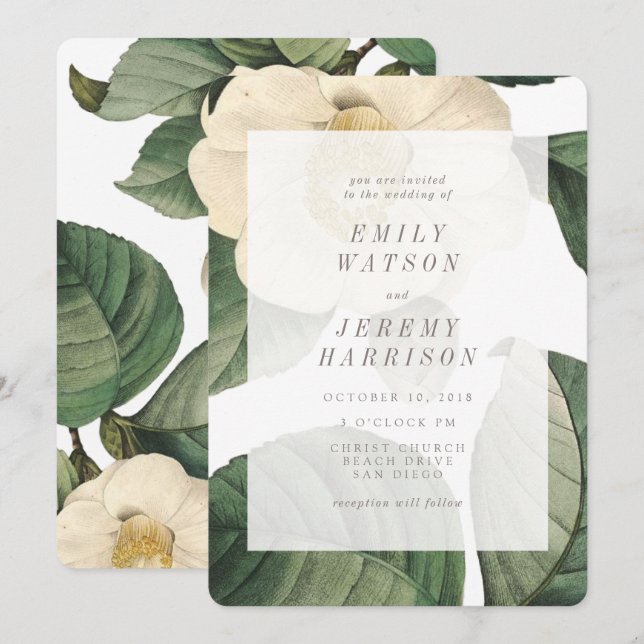 Invitación de matrimonio de marco de flor blanca (Anverso / Reverso)