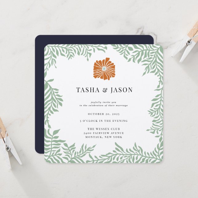 Invitación de matrimonio de marco de vegetación fl (Anverso/Reverso In Situ)
