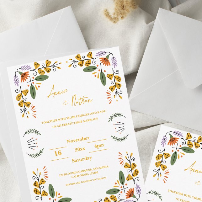 Invitación de matrimonio de marco floral amarillo  (Hand Drawn yellow Floral Frame Wedding Invitation)