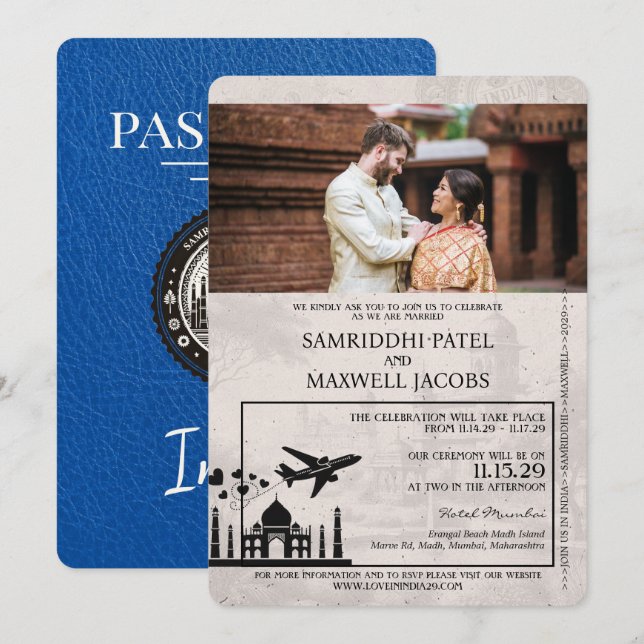 Invitación de matrimonio de pasaporte real azul de (Anverso / Reverso)