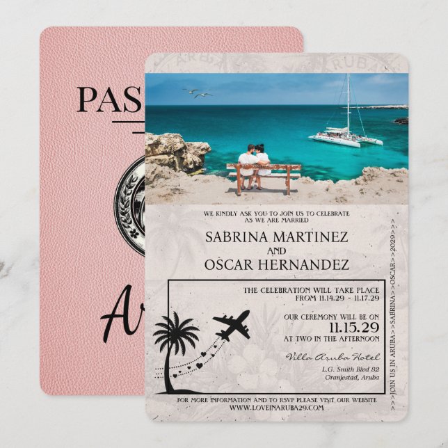 Invitación de matrimonio de pasaporte rosa de Arub (Anverso / Reverso)