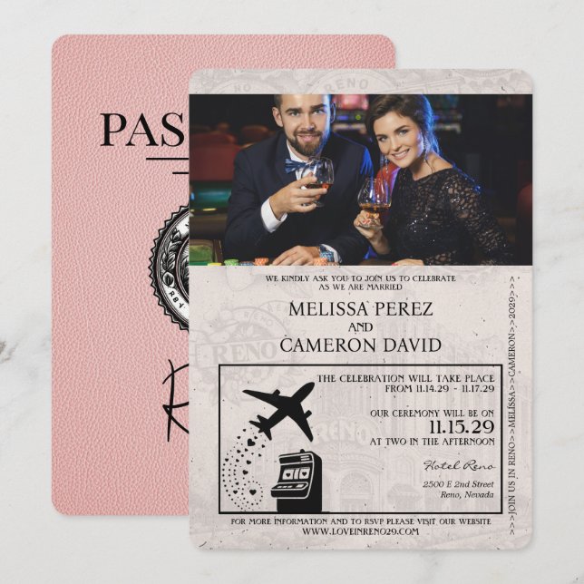 Invitación de matrimonio de pasaporte rosado Reno (Anverso / Reverso)